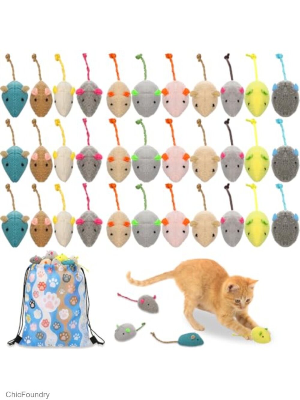 50 Pcs Cat Mice Toys with Storage Bag, Soft Plush Furry Mouse Toys for Indoor